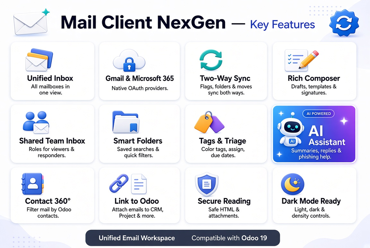 Mail Client NexGen for Odoo 19 — main workspace overview