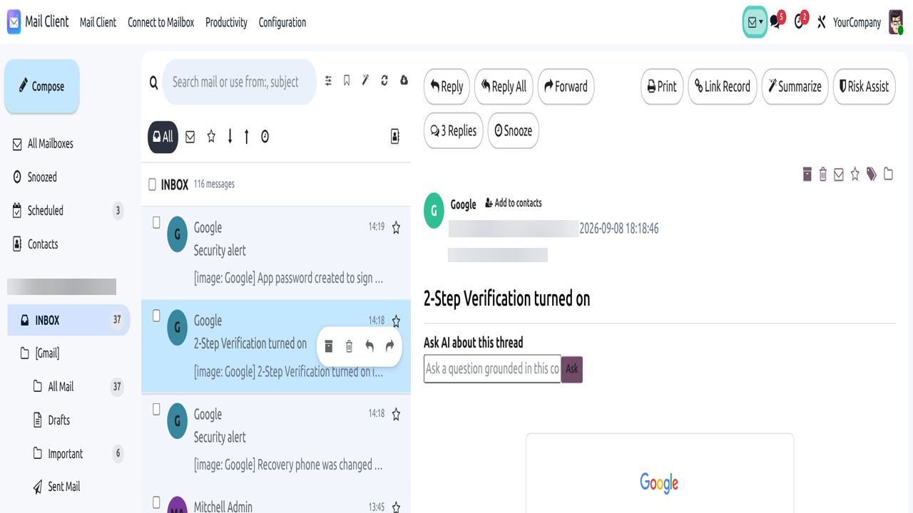 Odoo navbar systray Compose New Email icon