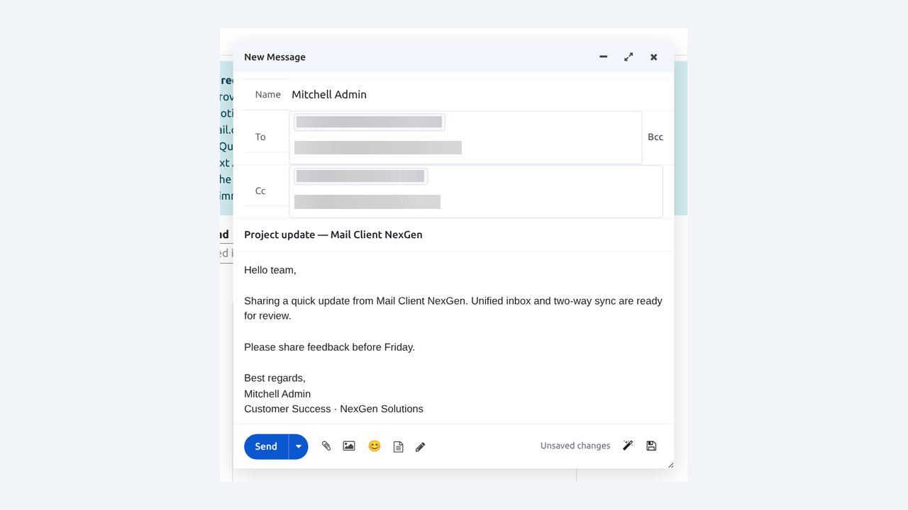 Compose popup details with Cc Bcc AI and Send
