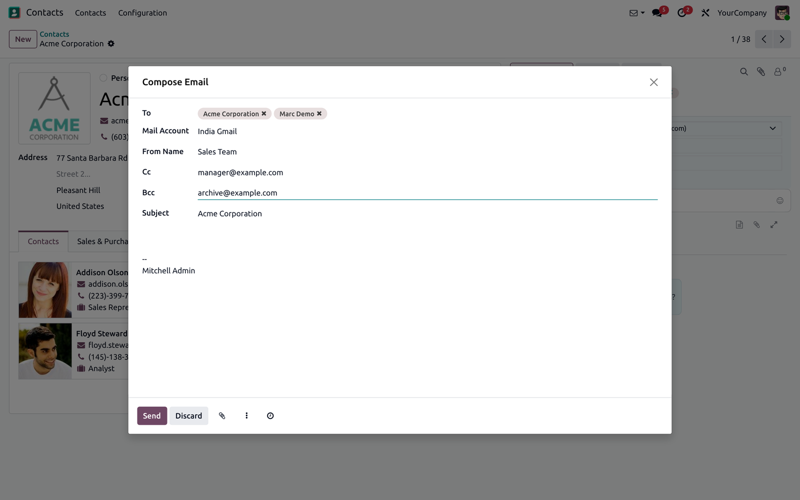 Chatter Send Message with Mail Account, From Name, Cc and Bcc