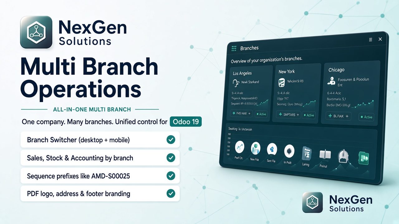 Multi Branch Operations for Odoo 19 — feature overview banner