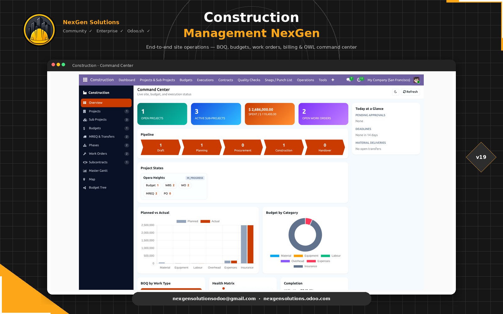 Construction Management NexGen for Odoo 19 — Command Center