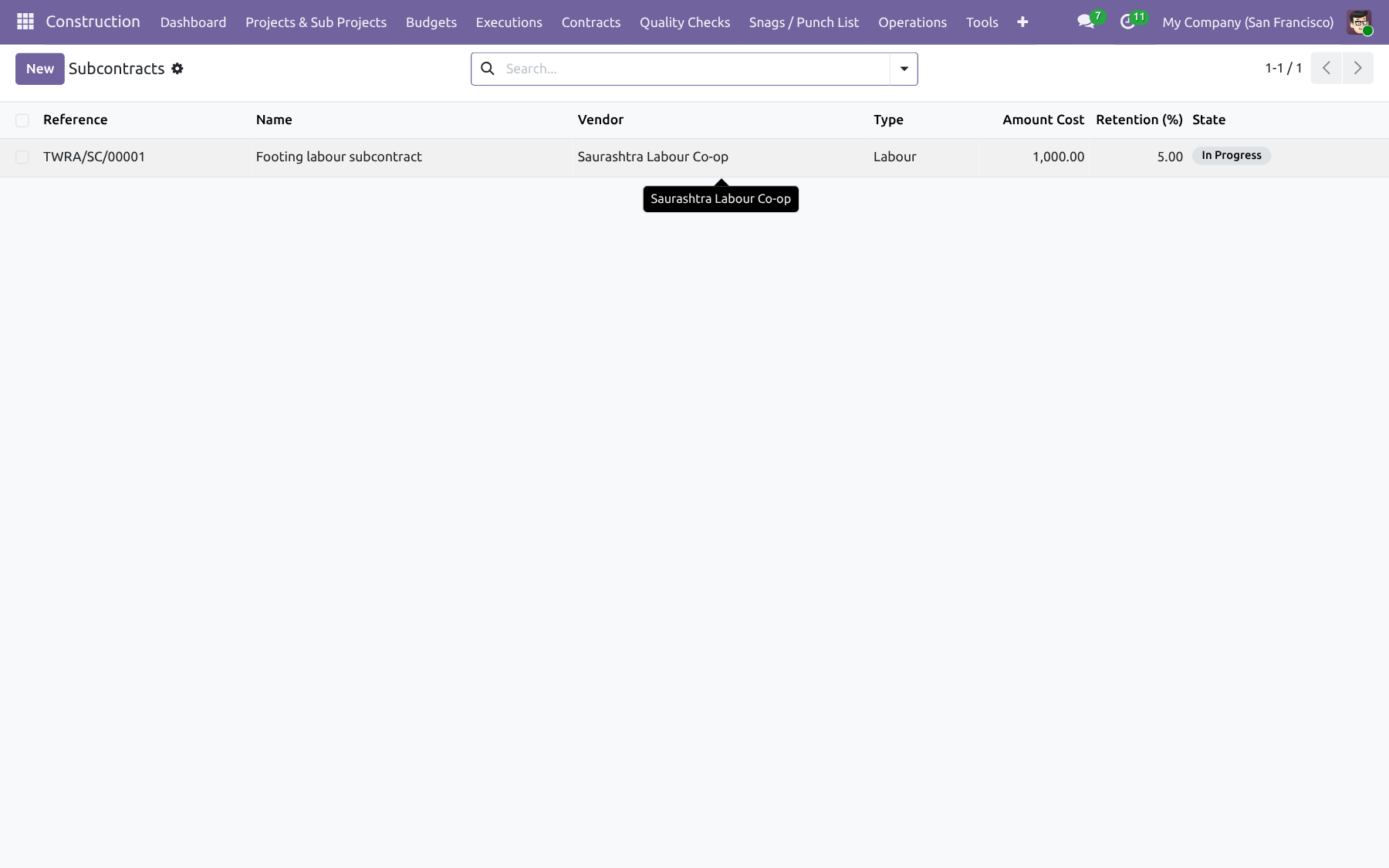 Subcontracts (Equipment / Labour / Overhead) — Construction Management NexGen