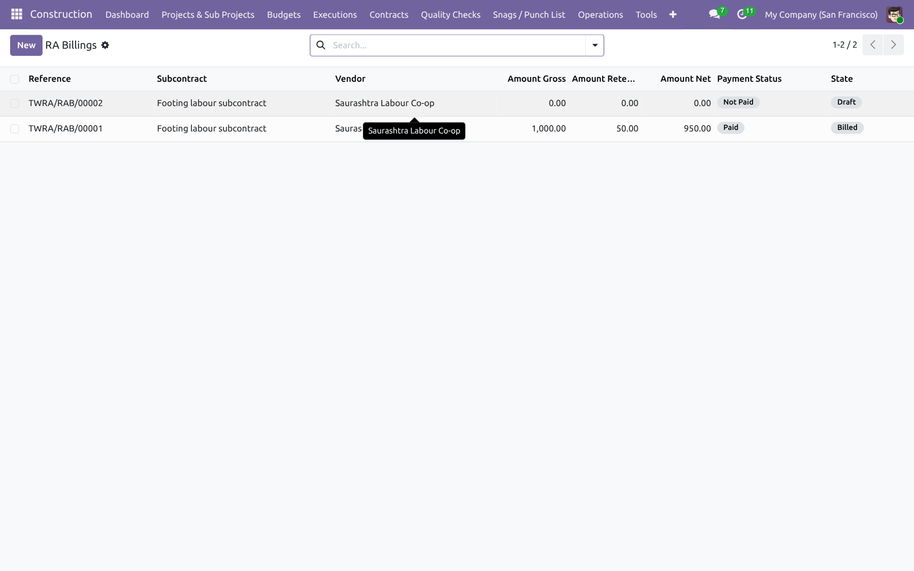 RA Bills & Vendor Portal — Construction Management NexGen